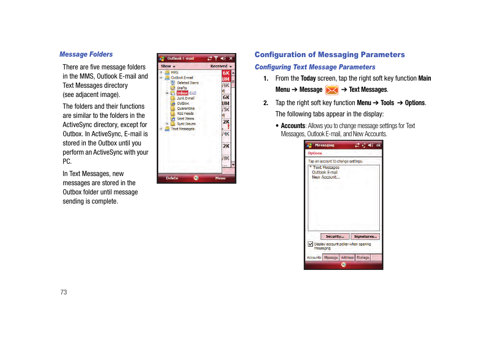 Configuration of messaging parameters | Samsung Cell Phone User Manual | Page 76 / 209