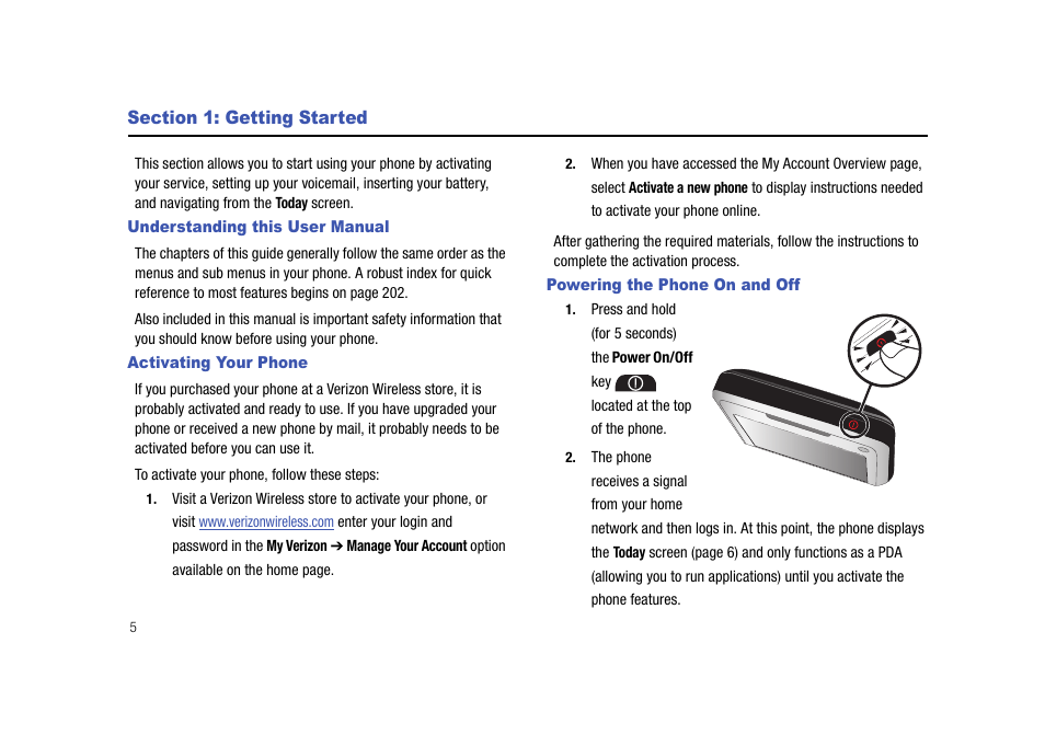 Section 1: getting started, Understanding this user manual, Activating your phone | Powering the phone on and off | Samsung Cell Phone User Manual | Page 8 / 209