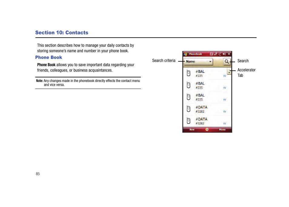 Section 10: contacts, Phone book | Samsung Cell Phone User Manual | Page 88 / 209