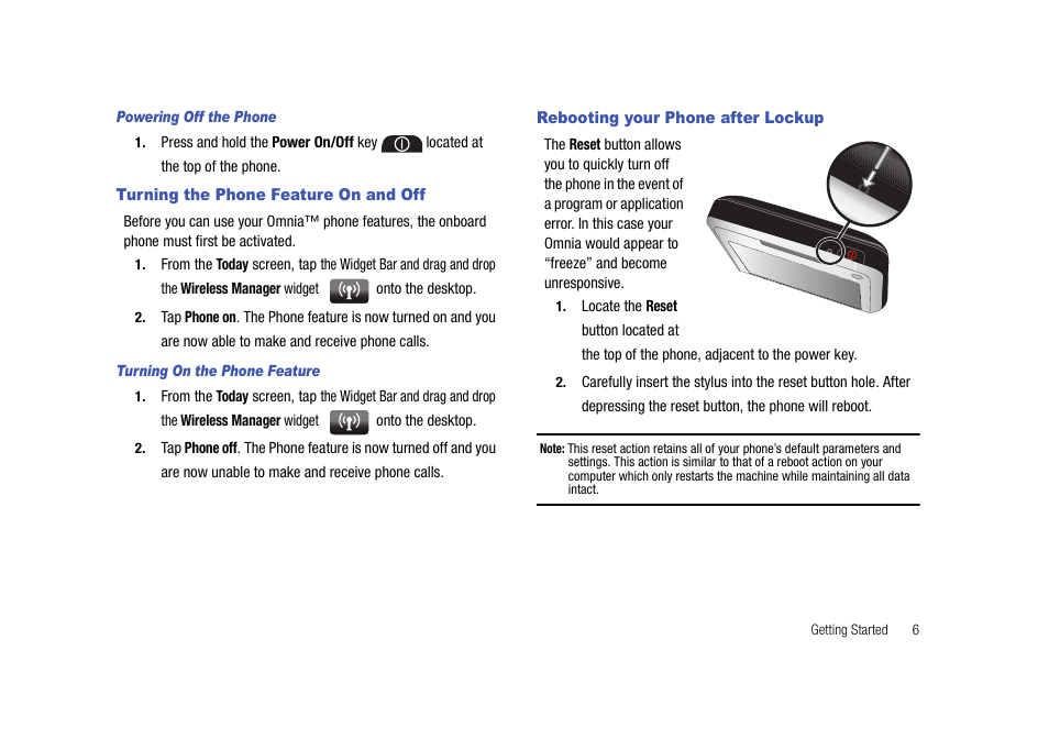 Turning the phone feature on and off, Rebooting your phone after lockup | Samsung Cell Phone User Manual | Page 9 / 209
