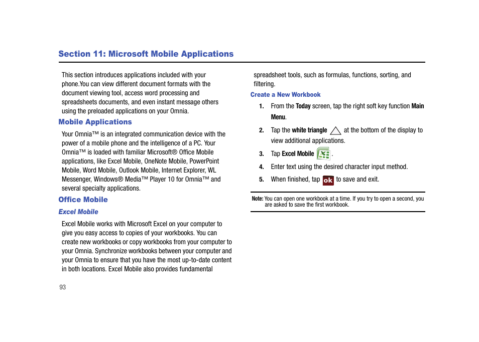 Section 11: microsoft mobile applications, Mobile applications, Office mobile | Mobile applications office mobile | Samsung Cell Phone User Manual | Page 96 / 209