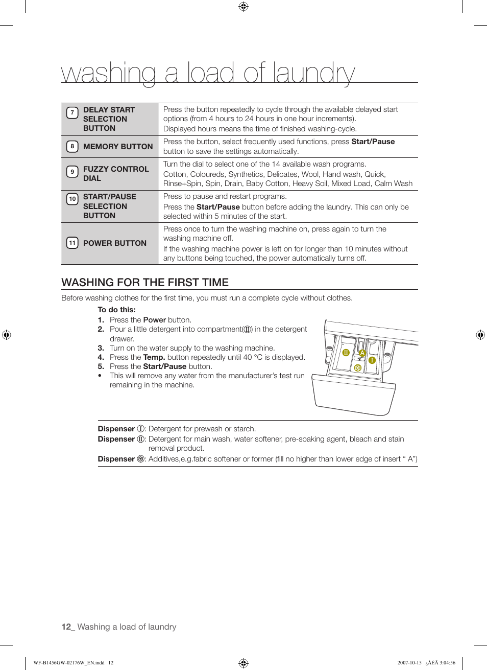 Washing a load of laundry, Washing for the first time | Samsung WF-F10 User Manual | Page 12 / 78