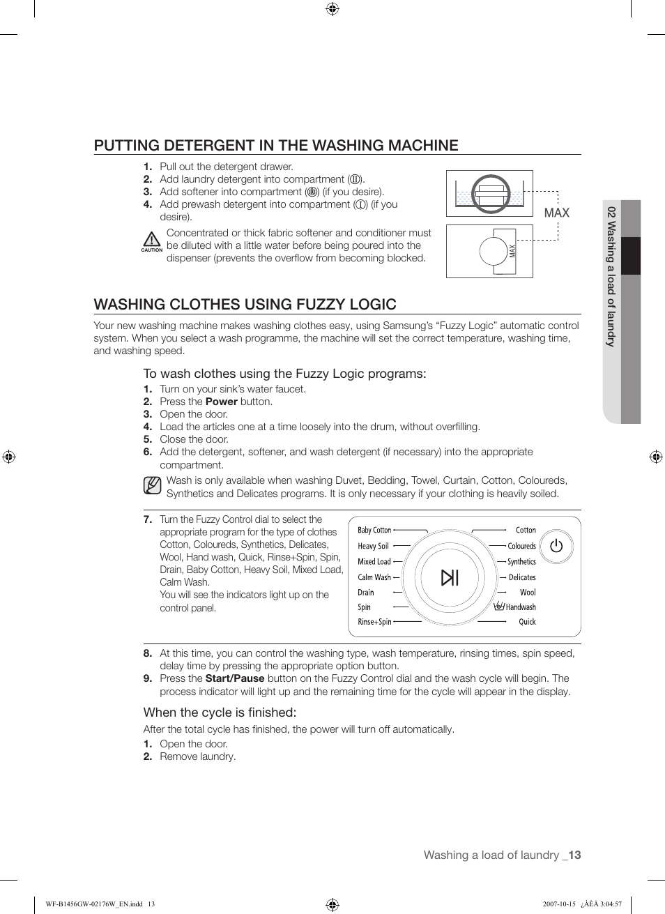 Putting detergent in the washing machine, Washing clothes using fuzzy logic | Samsung WF-F10 User Manual | Page 13 / 78