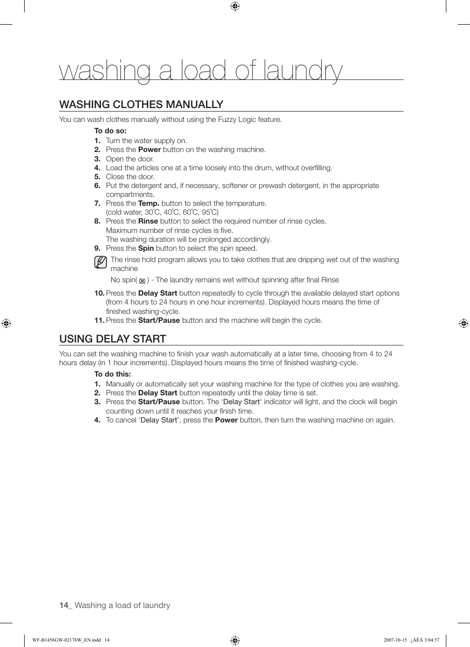 Washing a load of laundry, Washing clothes manually, Using delay start | Samsung WF-F10 User Manual | Page 14 / 78