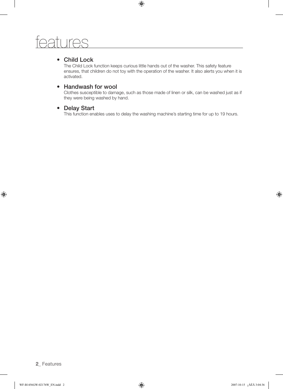 Features | Samsung WF-F10 User Manual | Page 2 / 78
