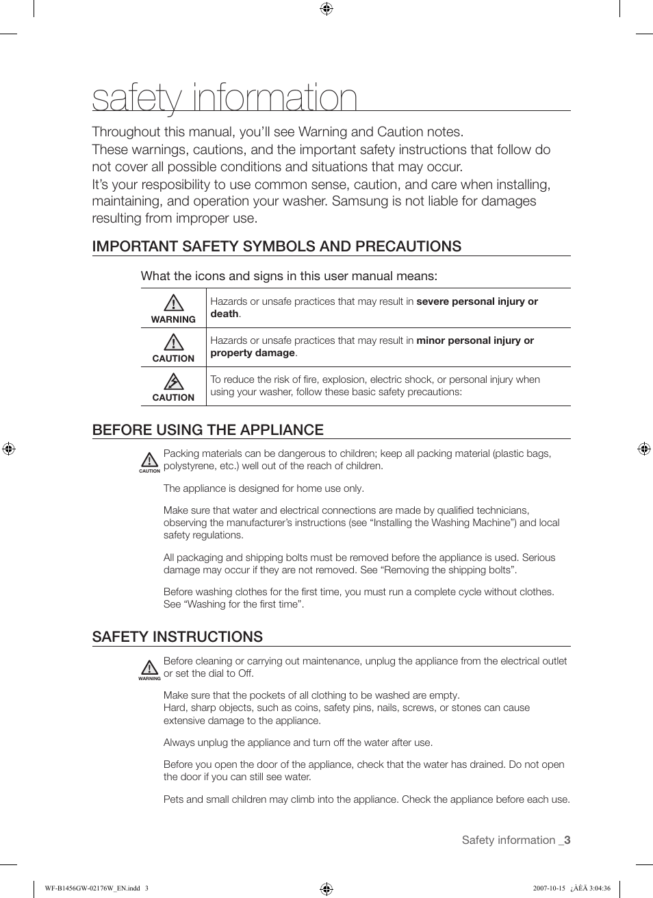 Safety information, Important safety symbols and precautions, Before using the appliance | Safety instructions | Samsung WF-F10 User Manual | Page 3 / 78