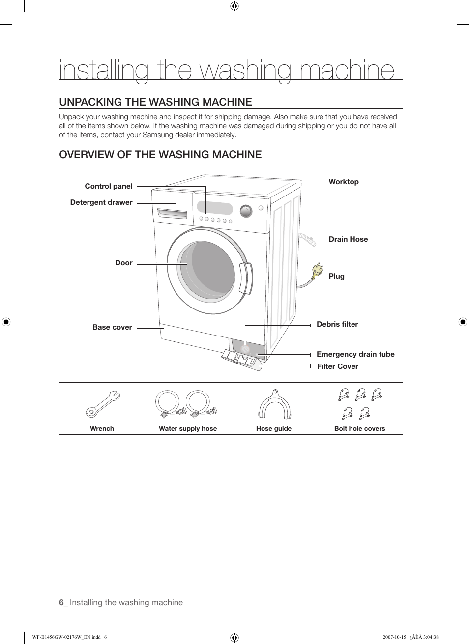Installing the washing machine, Unpacking the washing machine, Overview of the washing machine | Samsung WF-F10 User Manual | Page 6 / 78
