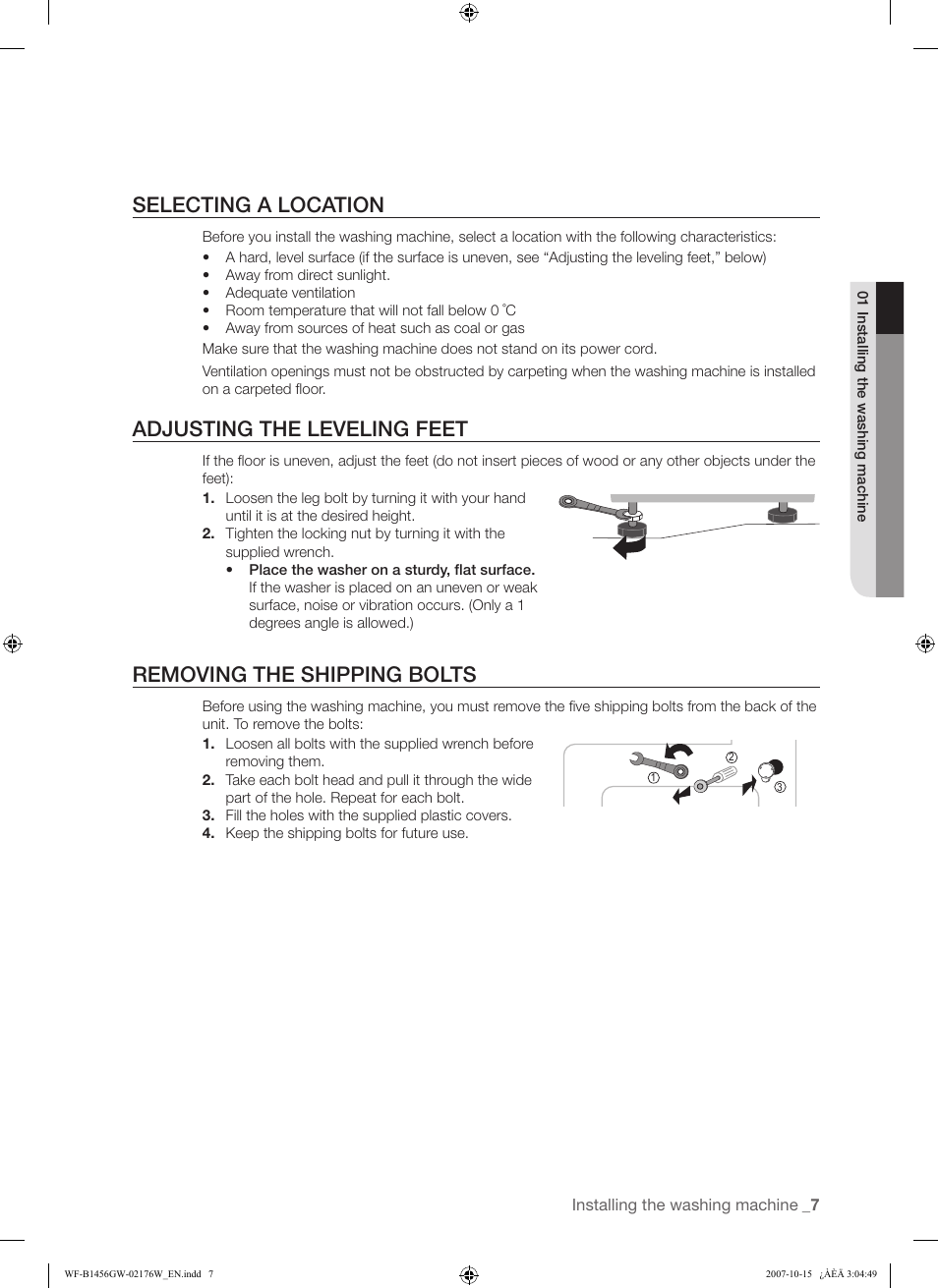 Selecting a location, Adjusting the leveling feet, Removing the shipping bolts | Installing the washing machine | Samsung WF-F10 User Manual | Page 7 / 78