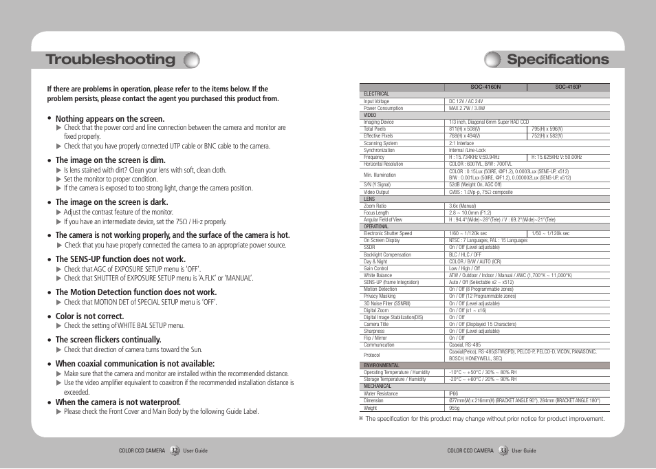 Troubleshooting, Specifications | Samsung SOC-4160 User Manual | Page 17 / 19