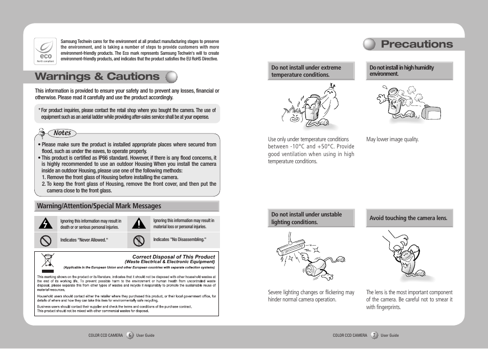 Warnings & cautions, Precautions | Samsung SOC-4160 User Manual | Page 4 / 19