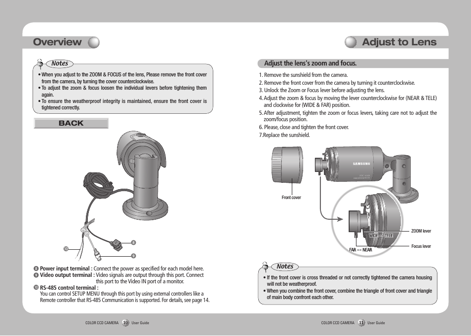 Overview, Adjust to lens, Back | Adjust the lens's zoom and focus | Samsung SOC-4160 User Manual | Page 6 / 19