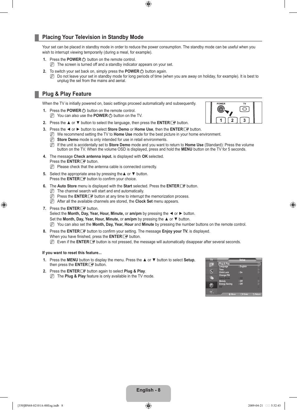 Placing your television in standby mode, Plug & play feature, English | Samsung BN68-02101A-00 User Manual | Page 10 / 29