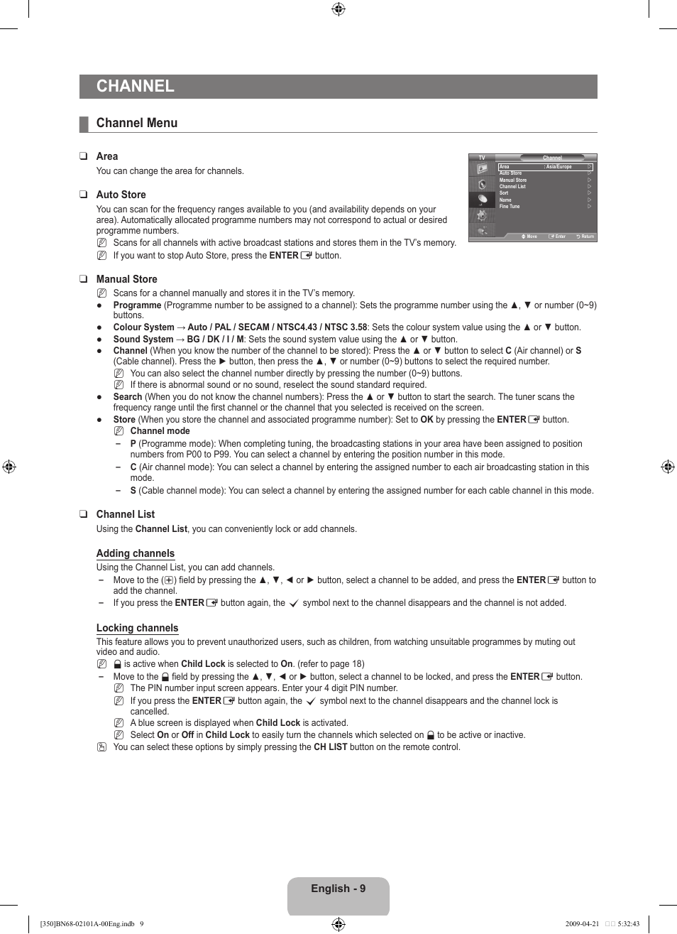 Channel, Channel menu | Samsung BN68-02101A-00 User Manual | Page 11 / 29