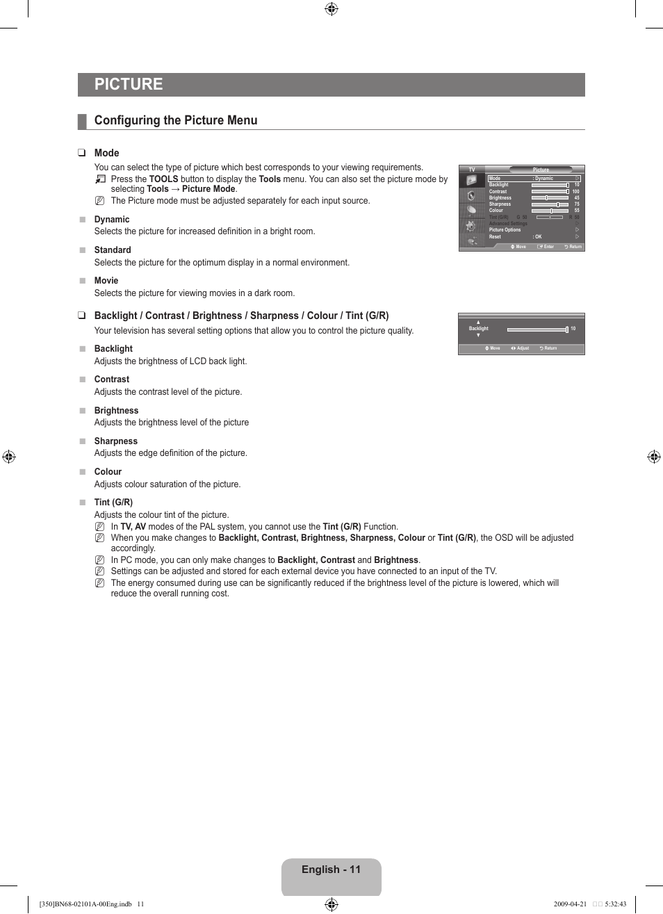 Picture, Configuring the picture menu, English | Mode | Samsung BN68-02101A-00 User Manual | Page 13 / 29