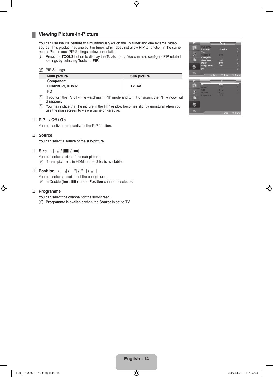 Viewing picture-in-picture, English, Pip → off / on | Source, Size → г / а / œ, Position → ã / – / — / œ, Programme | Samsung BN68-02101A-00 User Manual | Page 16 / 29
