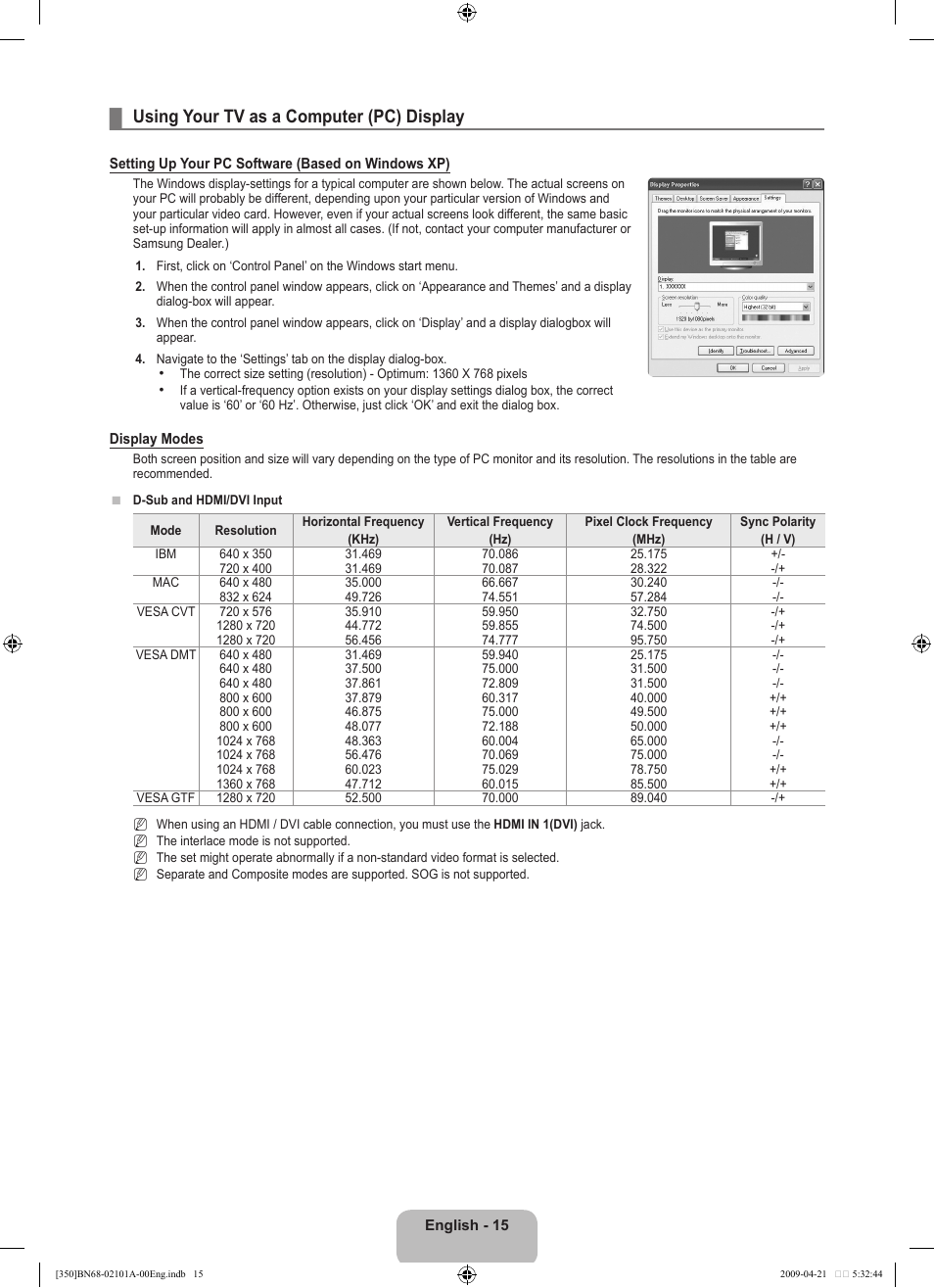 Using your tv as a computer (pc) display | Samsung BN68-02101A-00 User Manual | Page 17 / 29