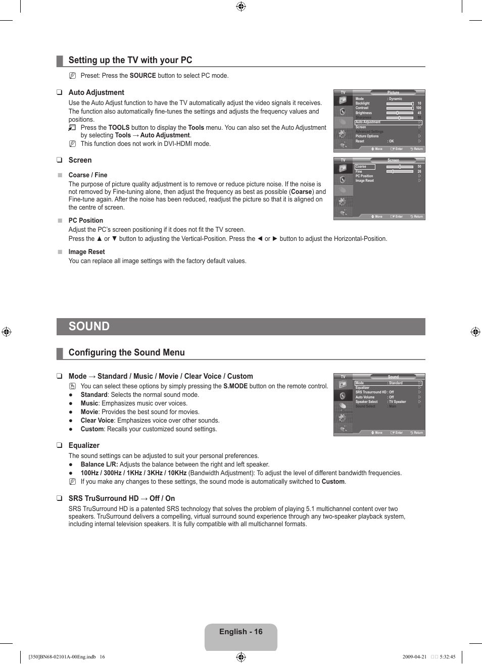 Sound, Setting up the tv with your pc, Configuring the sound menu | English, Auto adjustment, Screen, Equalizer, Srs trusurround hd → off / on | Samsung BN68-02101A-00 User Manual | Page 18 / 29