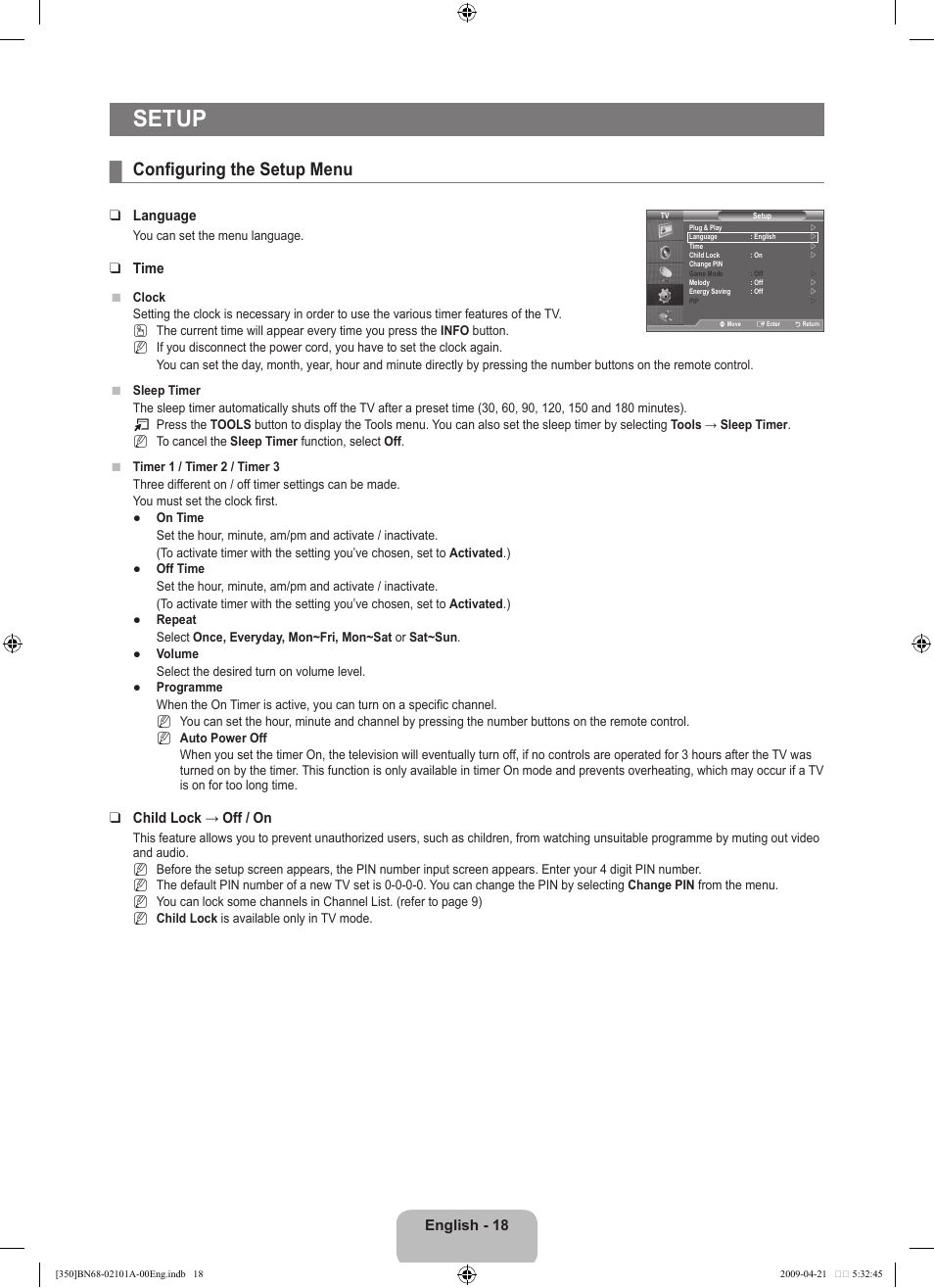 Setup, Configuring the setup menu | Samsung BN68-02101A-00 User Manual | Page 20 / 29