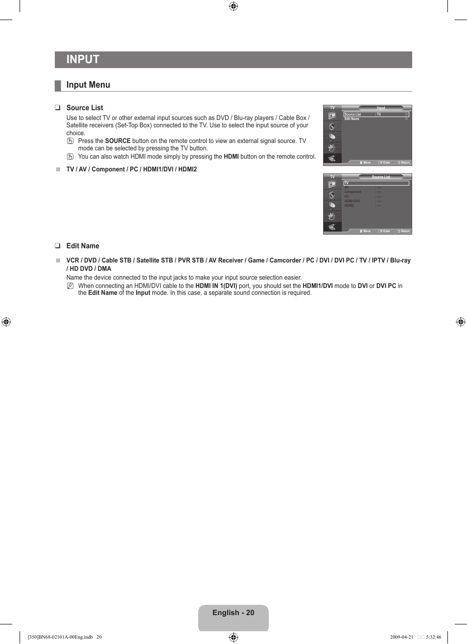 Input, Input menu, English - 0 | Source list, Edit name | Samsung BN68-02101A-00 User Manual | Page 22 / 29