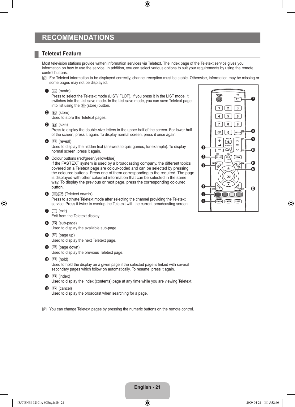 Recommendations, Teletext feature | Samsung BN68-02101A-00 User Manual | Page 23 / 29