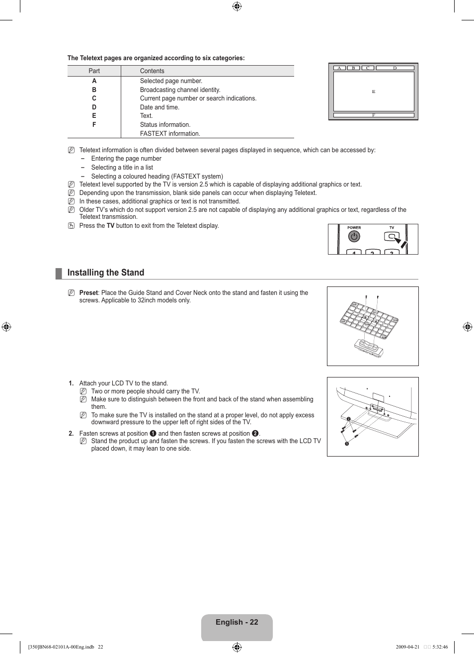 Installing the stand | Samsung BN68-02101A-00 User Manual | Page 24 / 29