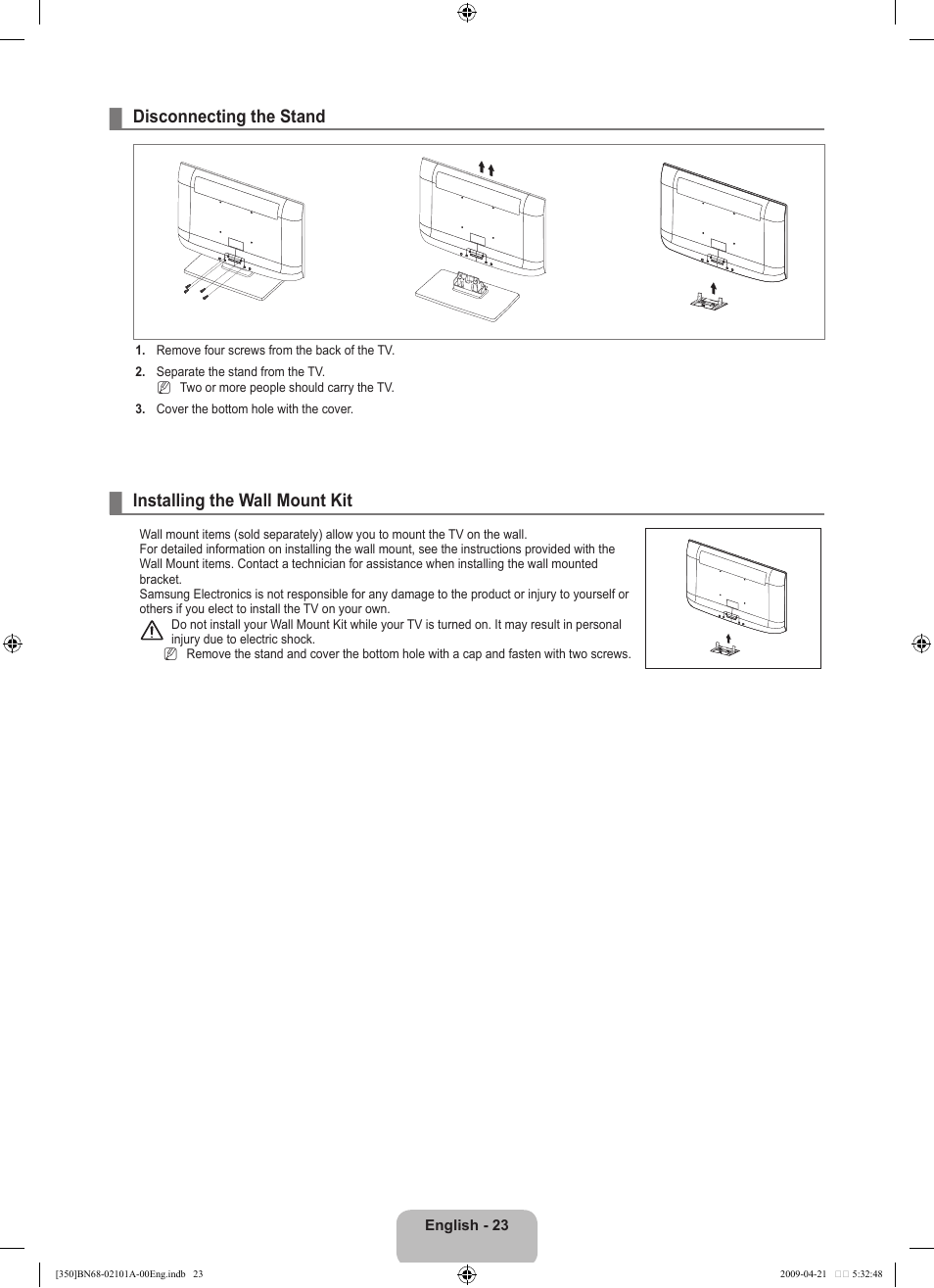 Disconnecting the stand, Installing the wall mount kit | Samsung BN68-02101A-00 User Manual | Page 25 / 29