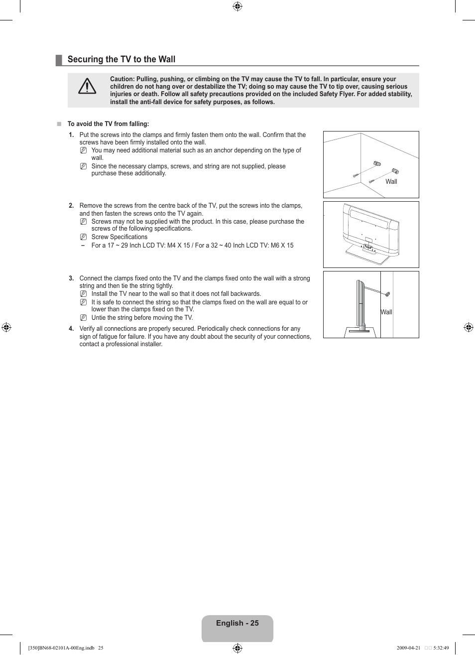 Securing the tv to the wall | Samsung BN68-02101A-00 User Manual | Page 27 / 29