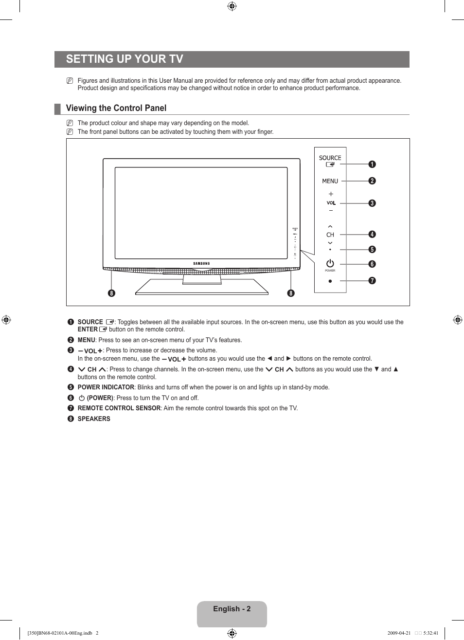 Setting up your tv, Viewing the control panel | Samsung BN68-02101A-00 User Manual | Page 4 / 29