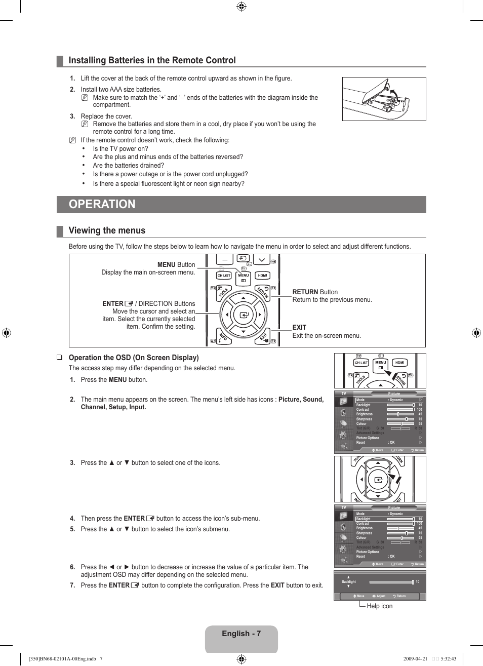 Operation, Installing batteries in the remote control, Viewing the menus | English, Operation the osd (on screen display) | Samsung BN68-02101A-00 User Manual | Page 9 / 29