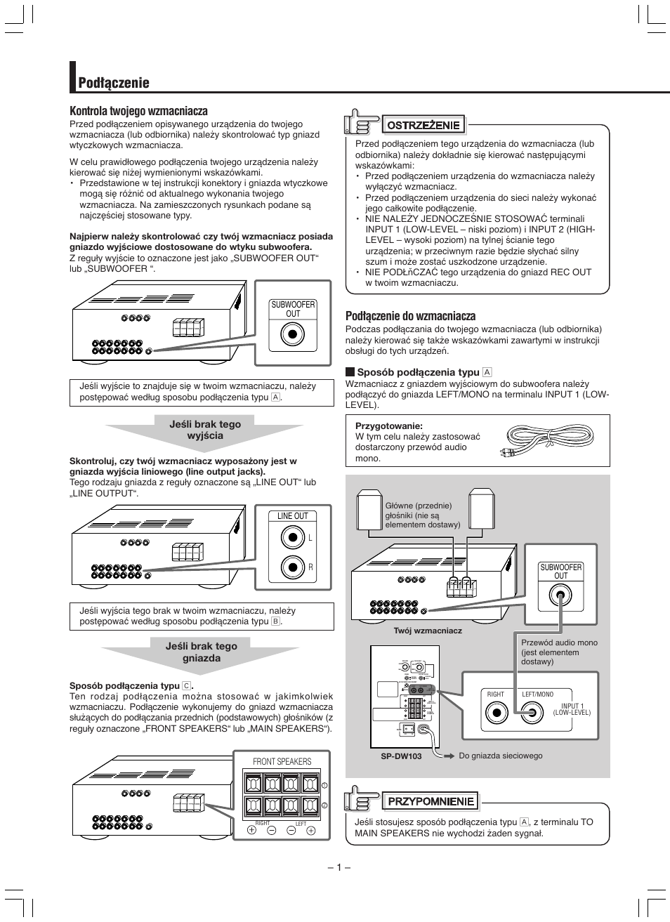 Pod∏àczenie, Kontrola twojego wzmacniacza, Pod∏àczenie do wzmacniacza | Sposób podłączenia typu å, Front speakers | JVC SP-DW103 User Manual | Page 10 / 28