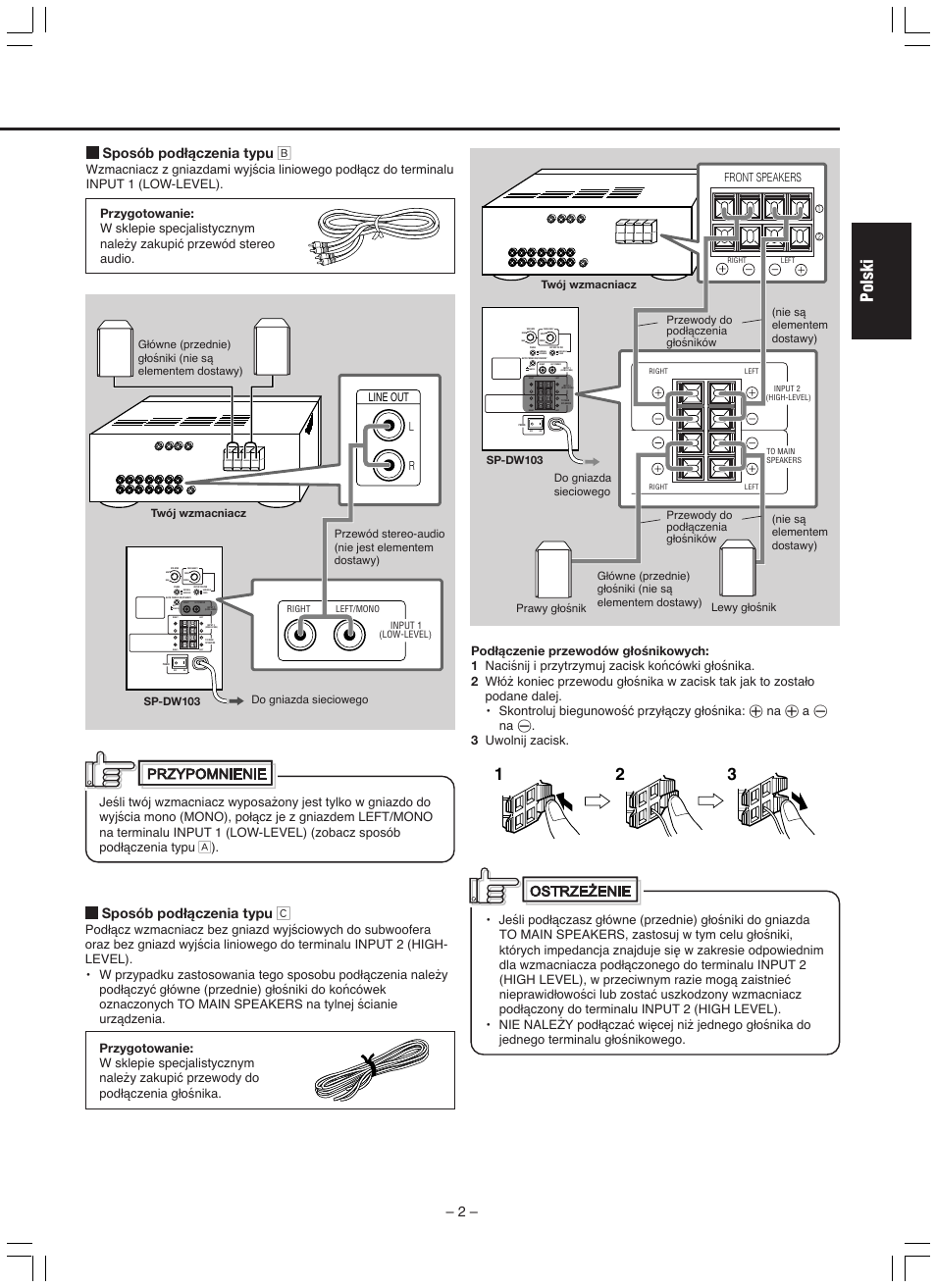 Polski, Sposób podłączenia typu ı, Sposób podłączenia typu ç | Front speakers, Line out l r, Przewody do podłączenia głośników | JVC SP-DW103 User Manual | Page 11 / 28