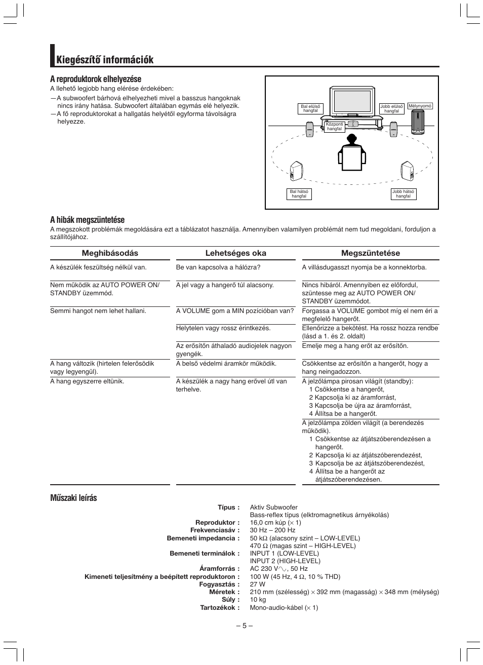 Kiegészítœ információk, Mıszaki leírás, A reproduktorok elhelyezése | A hibák megszüntetése | JVC SP-DW103 User Manual | Page 20 / 28