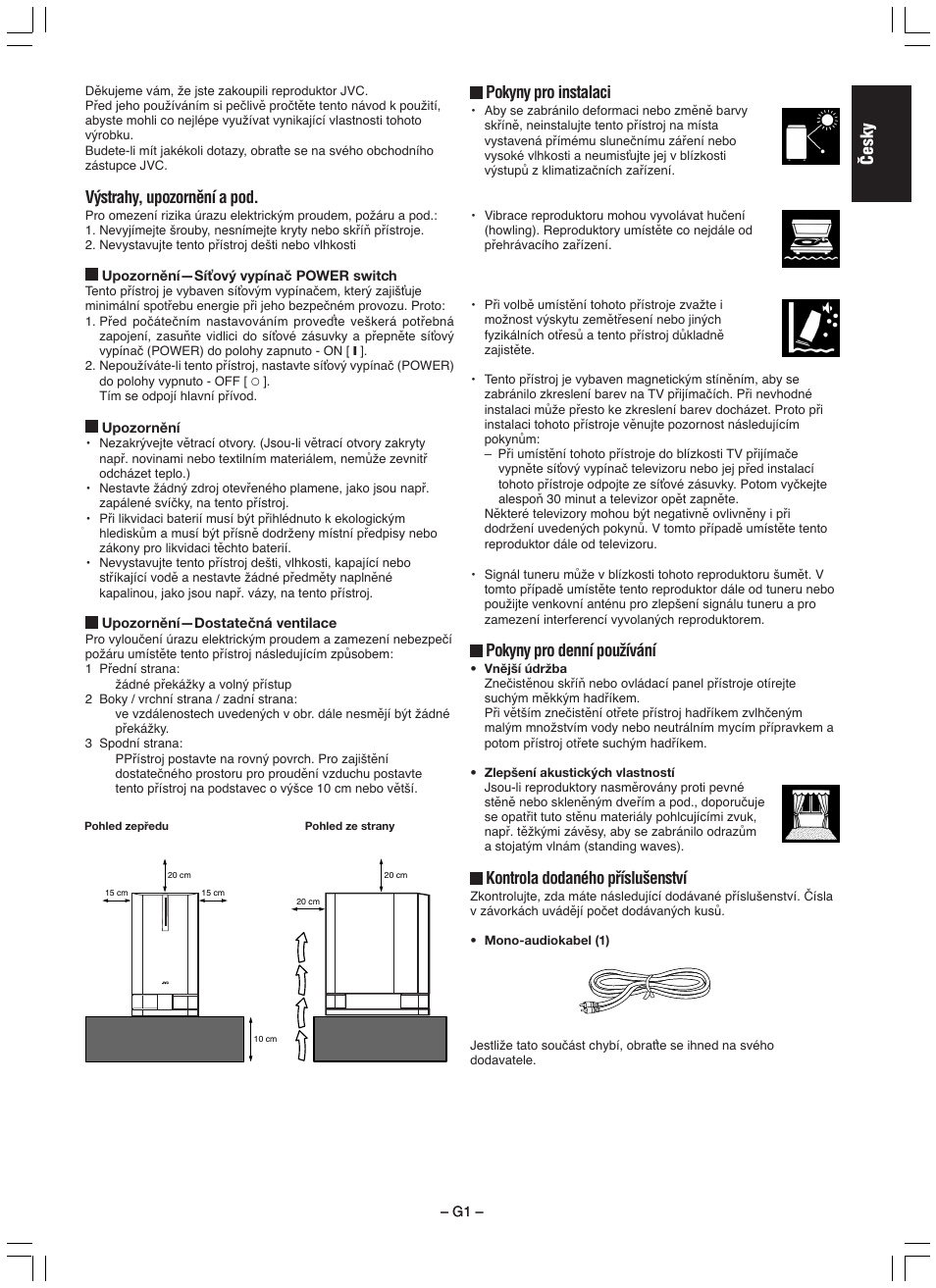 Âesky, Pokyny pro instalaci, Pokyny pro denní pouïívání | Kontrola dodaného pﬁíslu‰enství, V˘strahy, upozornûní a pod | JVC SP-DW103 User Manual | Page 3 / 28