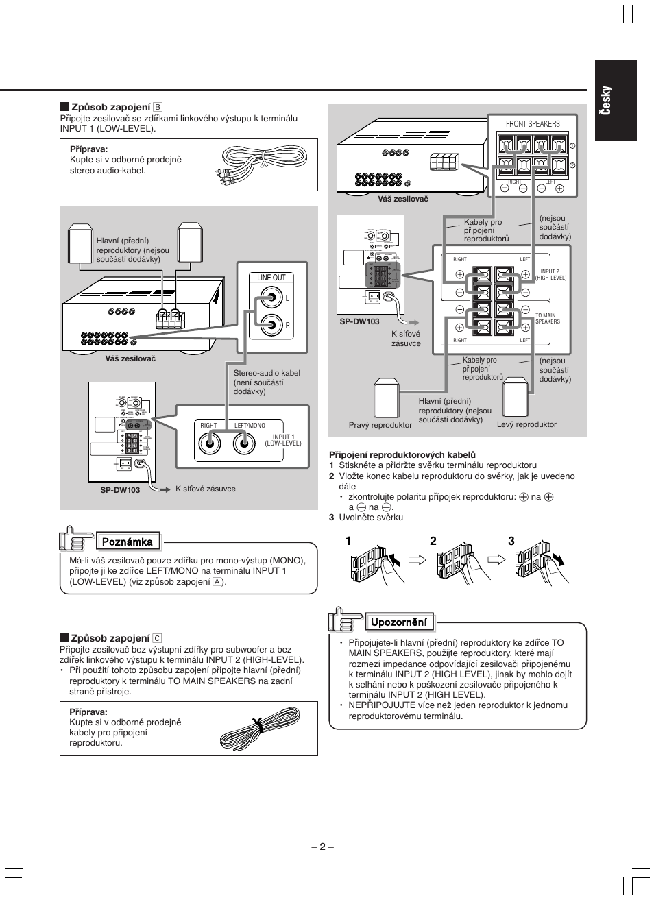 Âesky, Způsob zapojení ı, Způsob zapojení ç | Front speakers, Line out l r, Kabely pro připojení reproduktorů, Nejsou součástí dodávky) | JVC SP-DW103 User Manual | Page 5 / 28