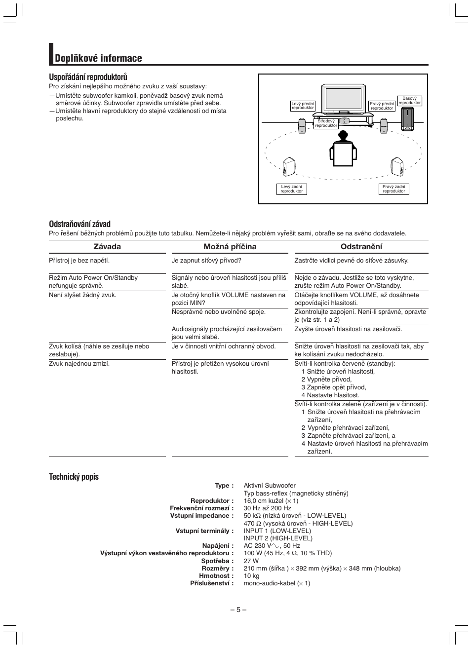 Doplàkové informace, Technick˘ popis, Uspoﬁádání reproduktorû | Odstraàování závad | JVC SP-DW103 User Manual | Page 8 / 28