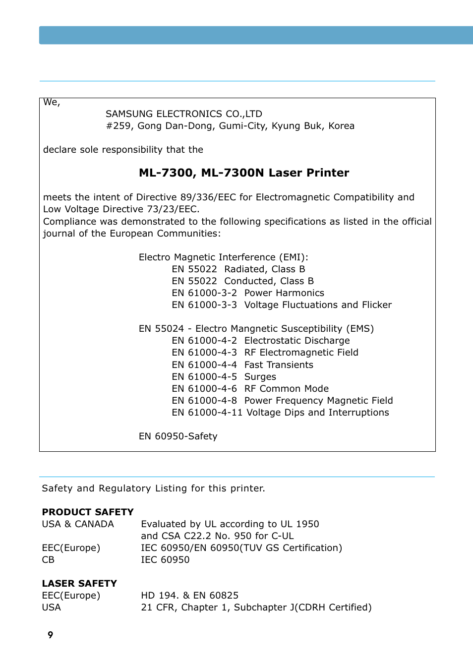 Safety information, Ec declaration of conformity, Environmental and safety consideration | Samsung ML 7300N User Manual | Page 11 / 174