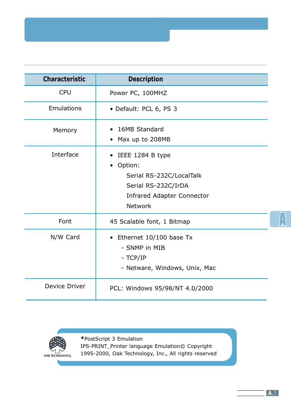 Printer specifications, Controller | Samsung ML 7300N User Manual | Page 116 / 174