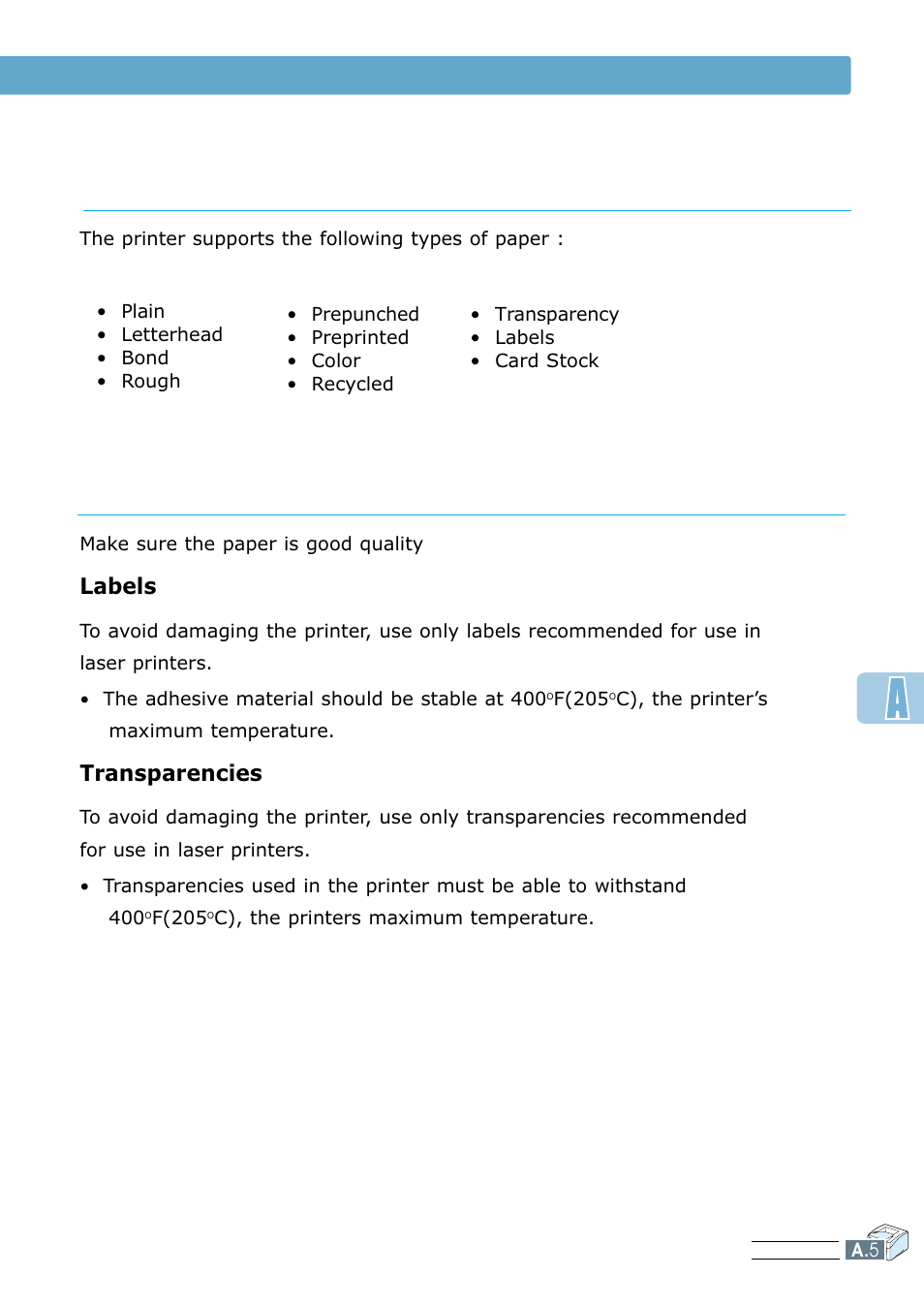 Paper specifications, Labels, Transparencies | Samsung ML 7300N User Manual | Page 120 / 174