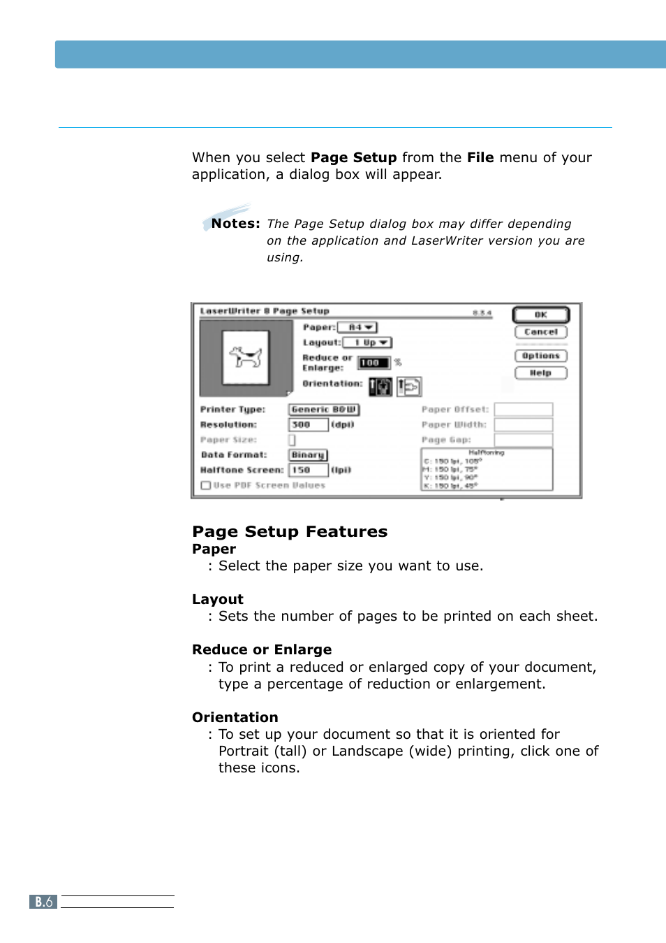 The page setup dialog box, Printing with a macintosh | Samsung ML 7300N User Manual | Page 127 / 174