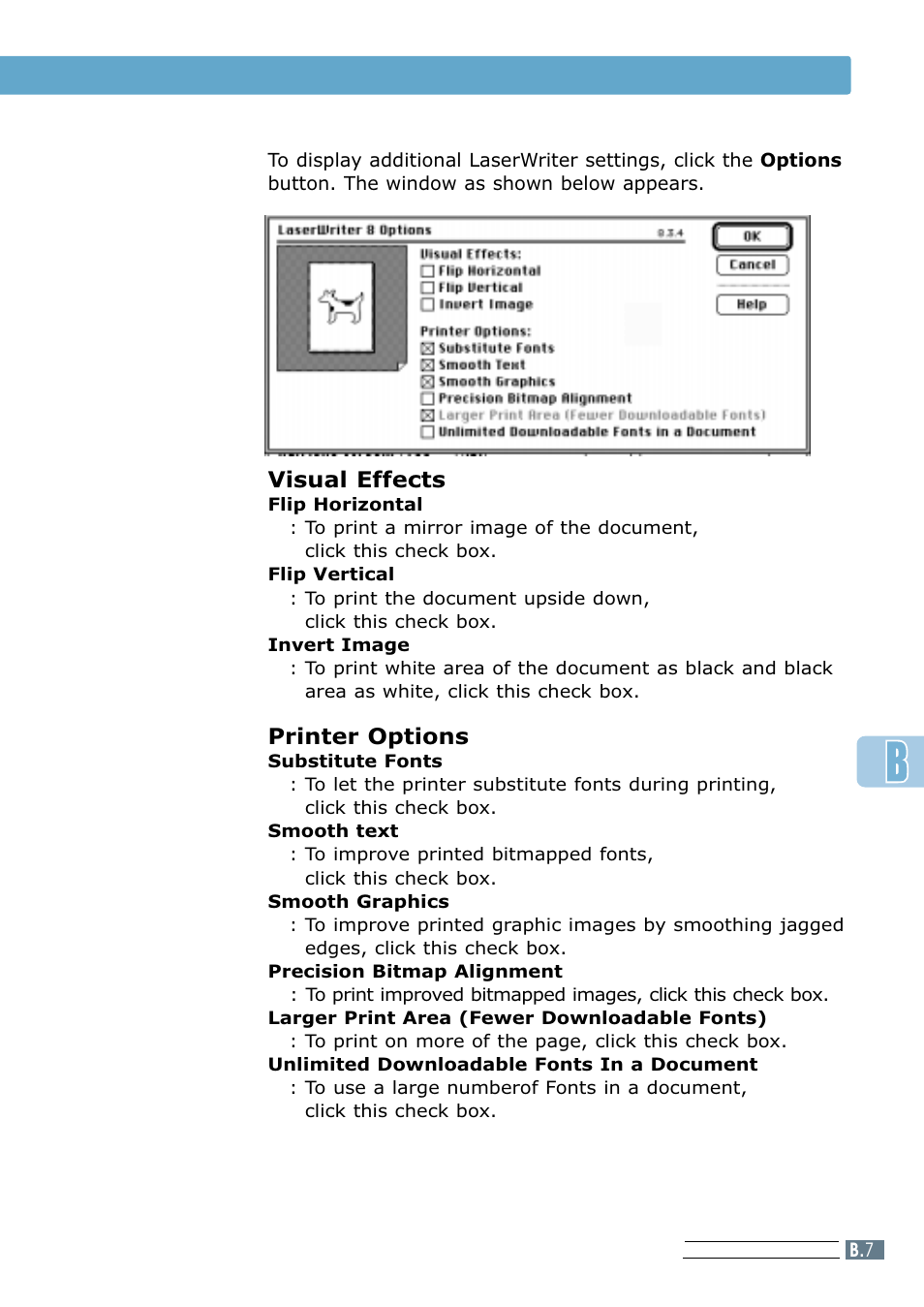 Printing with a macintosh, Visual effects, Printer options | Samsung ML 7300N User Manual | Page 128 / 174