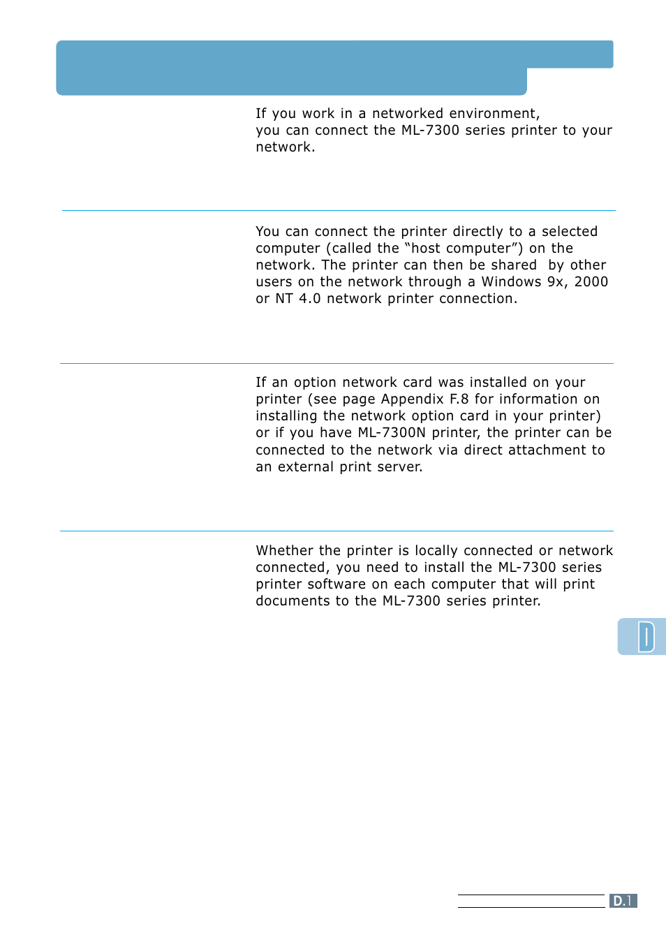 About sharing the printer on a network | Samsung ML 7300N User Manual | Page 136 / 174