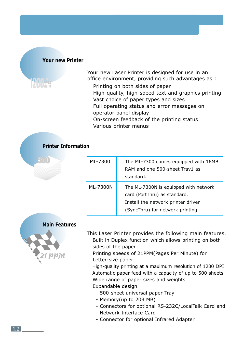 Features and model descriptions, Your new printer printer information main features | Samsung ML 7300N User Manual | Page 15 / 174