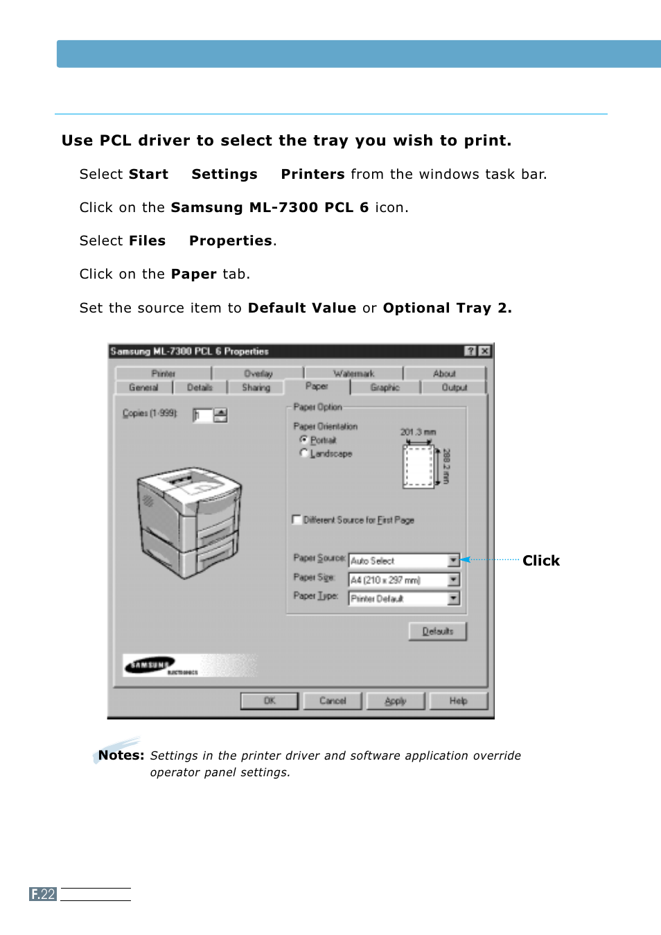 Paper source selection, Optional tray 2 | Samsung ML 7300N User Manual | Page 165 / 174