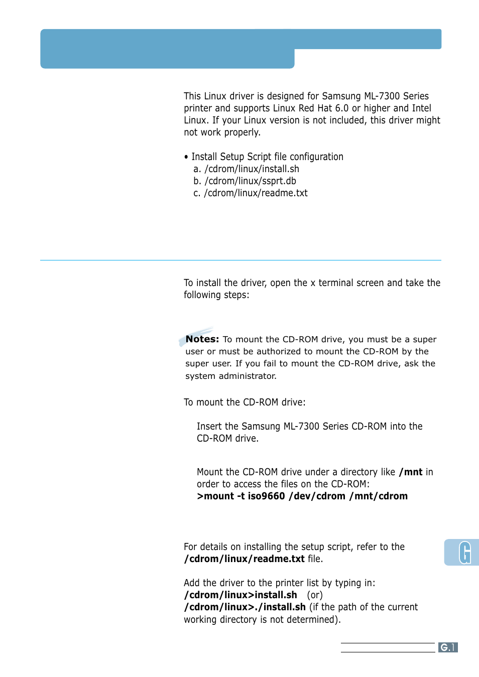 Linux driver installation, Installation, Mount the cd-rom drive. 2. install setup script | Samsung ML 7300N User Manual | Page 168 / 174