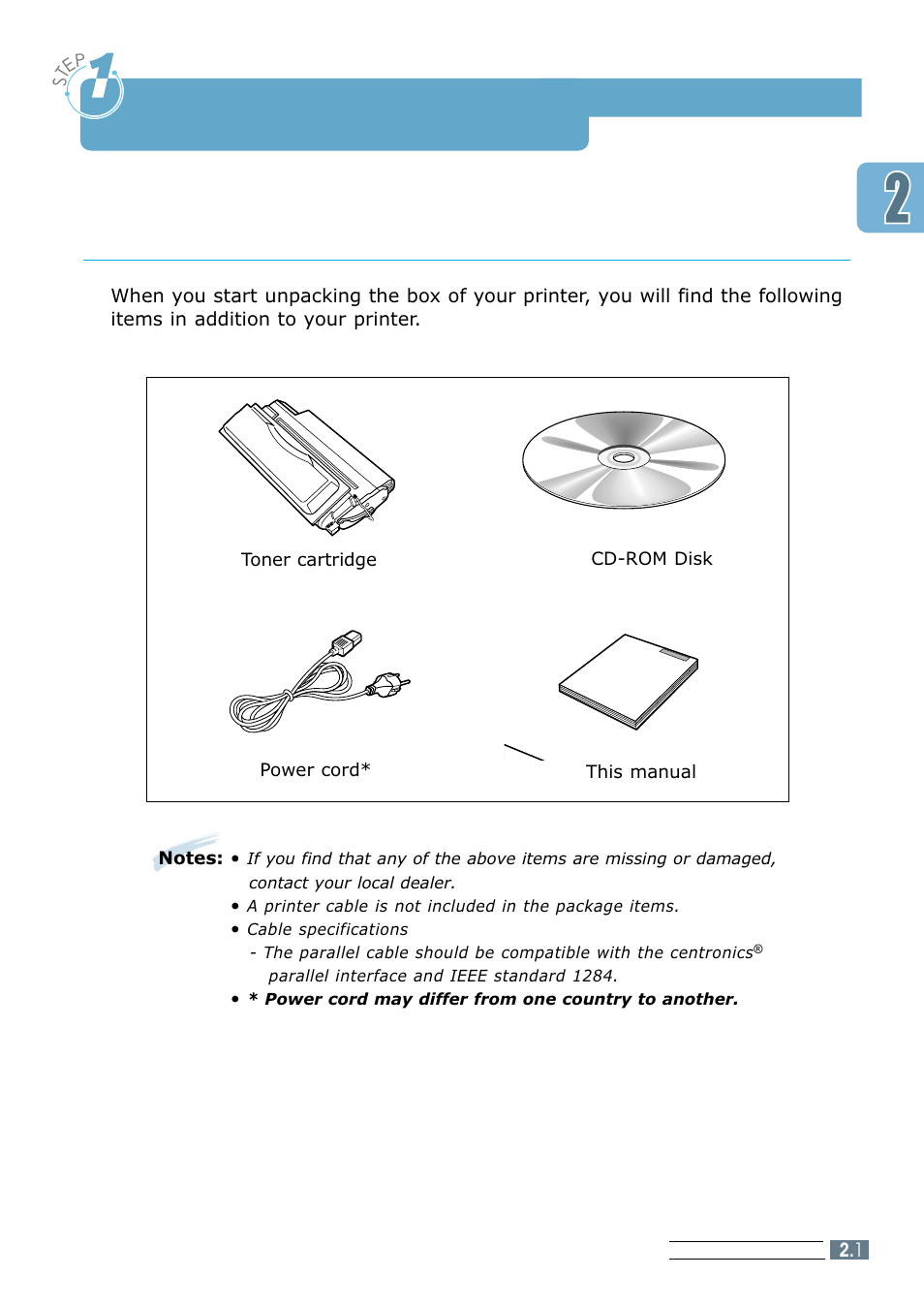 Unpacking your printer, Step1, Step 1 | Items supplied | Samsung ML 7300N User Manual | Page 18 / 174