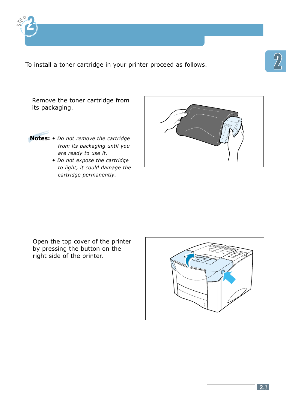 Installing toner cartridge, Step2, Step 2 | Samsung ML 7300N User Manual | Page 20 / 174