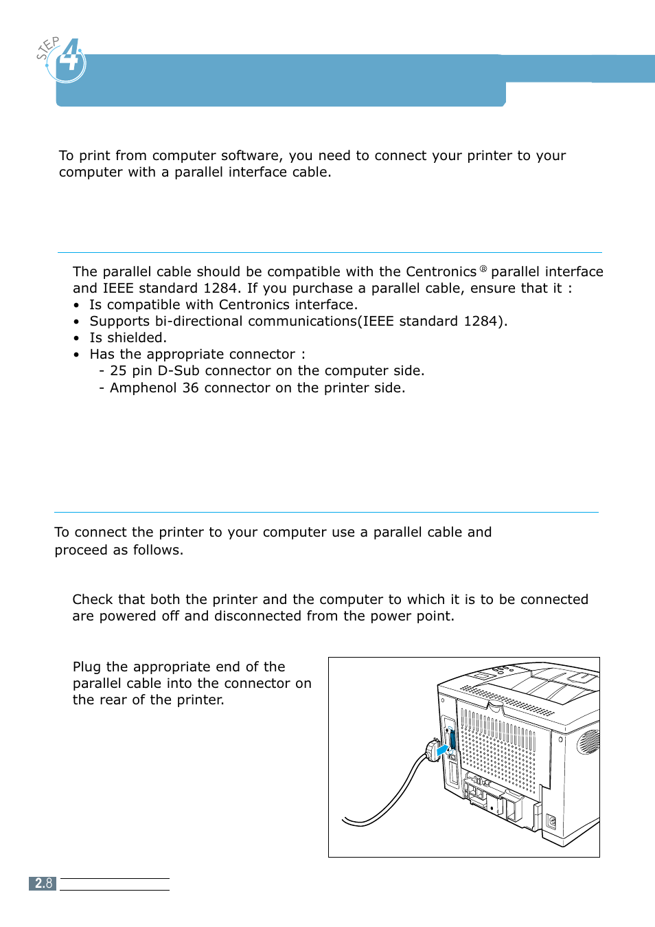 Connecting the parallel cable, Setp4, Step 4 | Samsung ML 7300N User Manual | Page 25 / 174