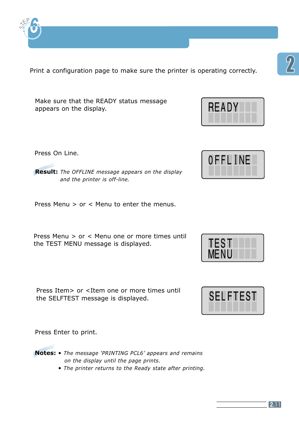 Testing the printer, Step6, Step 6 | Samsung ML 7300N User Manual | Page 28 / 174