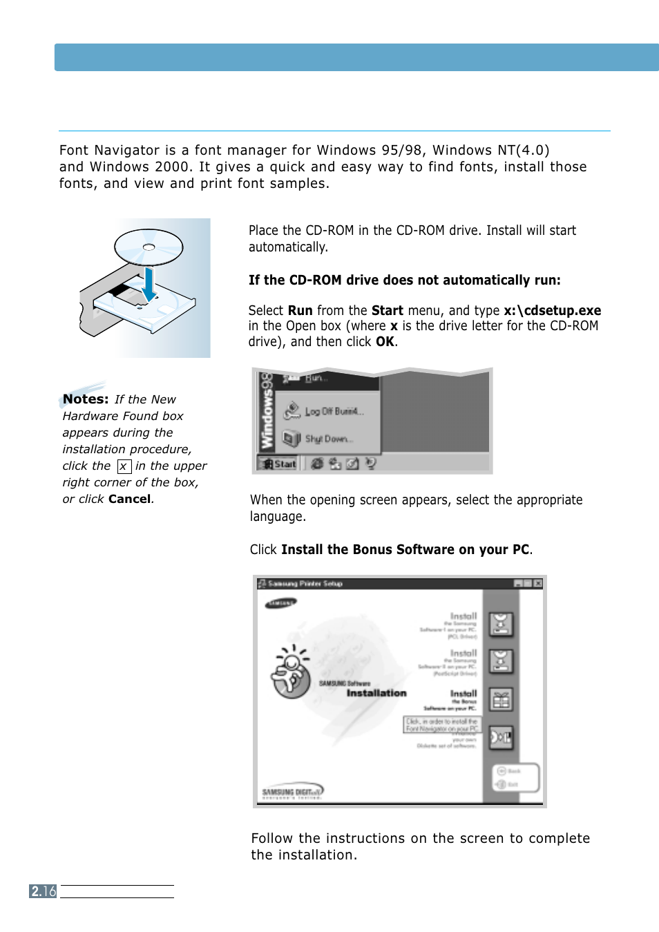 Installing the font navigator (fontnav), Setting up the printer driver | Samsung ML 7300N User Manual | Page 33 / 174