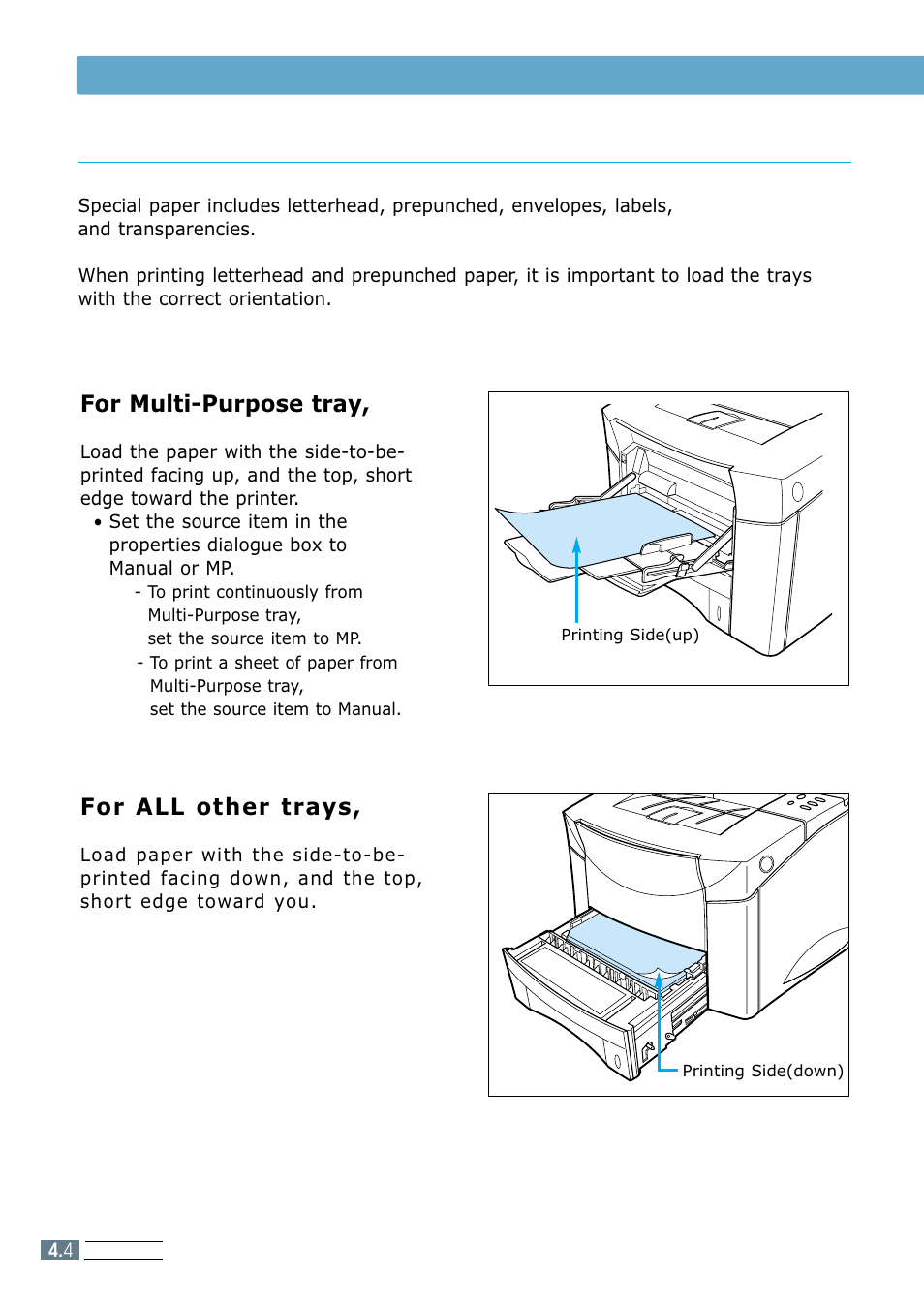 Letterhead / prepunched paper, Letterhead/prepunched paper, For multi-purpose tray | For all other trays, Loading paper | Samsung ML 7300N User Manual | Page 67 / 174